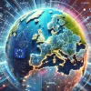 Ein Globus, auf dem Europa hervorgehoben ist, um die globale Reichweite der DSGVO zu verdeutlichen, mit Netzwerken und Datenströmen, die von dort ausgehen.