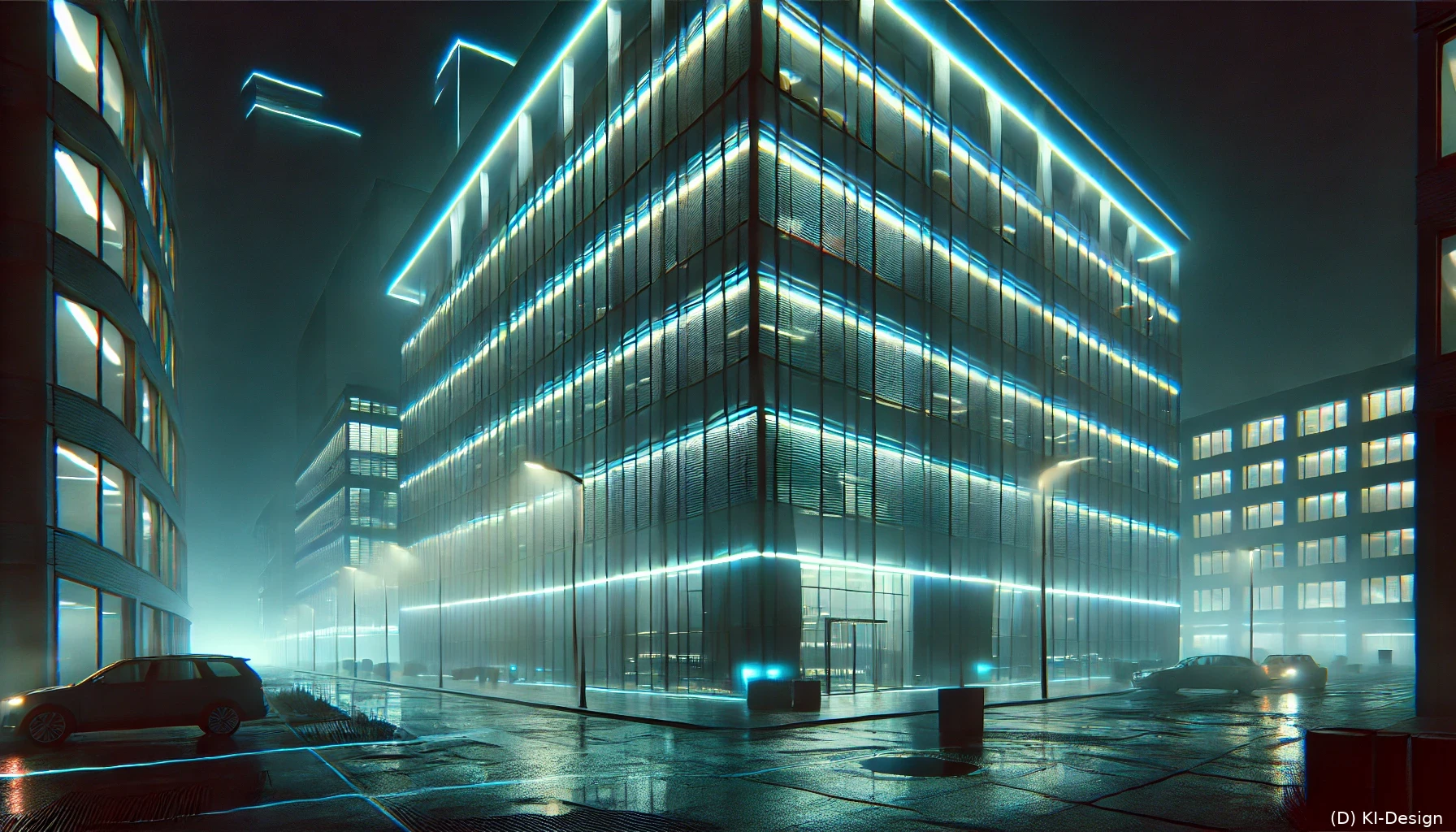 Skandal um Datenschutzprüfung Eine verlassene, neonbeleuchtete Firmenzentrale bei Nacht, mit einem bedrohlichen, unsichtbaren Überwachungsgefühl.