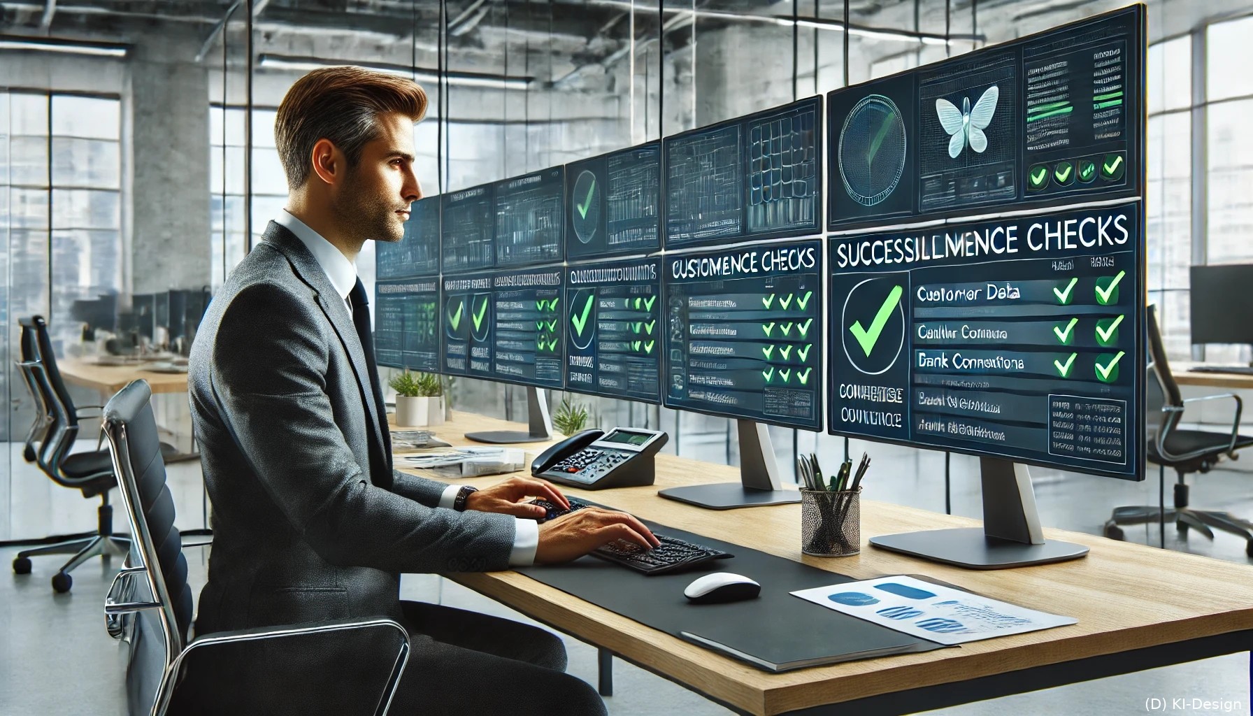 Perfekte Daten, maximale Compliance Bild eines IT-Managers, der an einem modernen Schreibtisch arbeitet und ein Business-Dashboard mit erfolgreichen Compliance-Checks überwacht