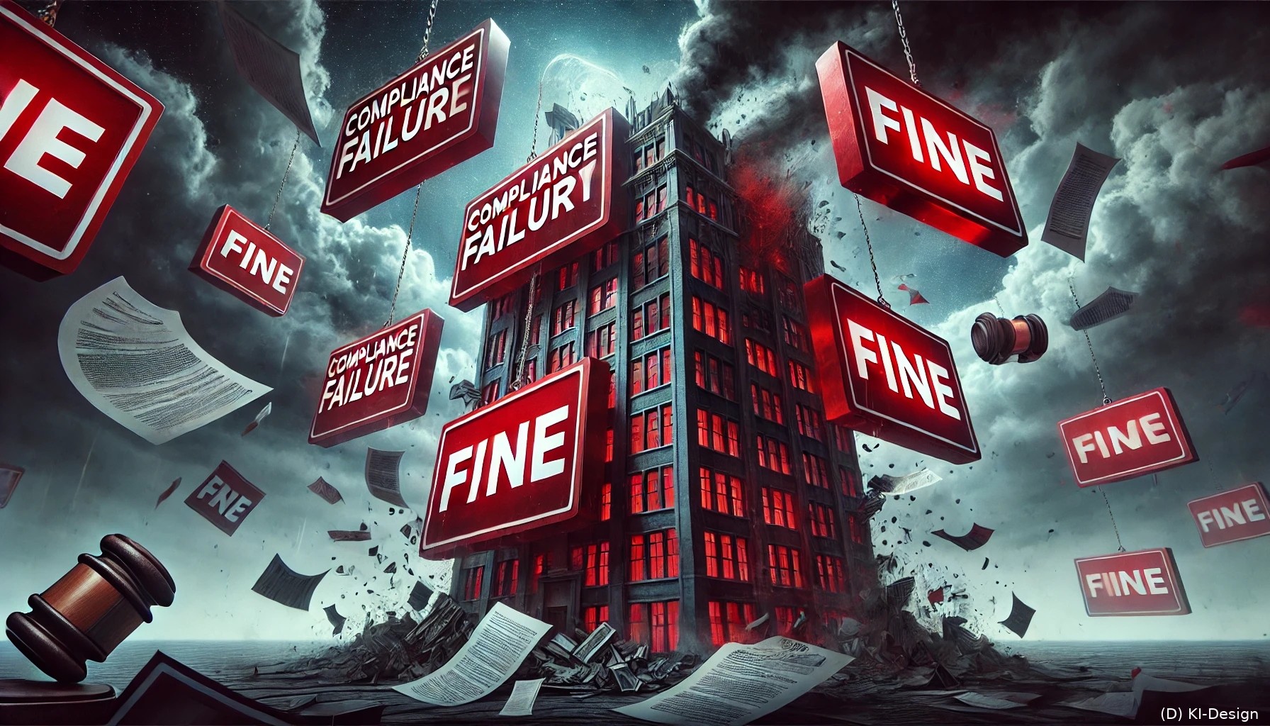 Eine dramatische Illustration eines Firmengebäudes, das von riesigen roten Sanktionen-Marken (wie "Compliance Failure" oder "Fine") eingekreist ist, während es in den finanziellen und medialen Abgrund gezogen wird.